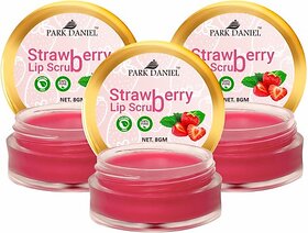PARK DANIEL Premium Strawberry Lip Scrub for dark lips to lighten for Men & Women - Enriched with Cane Sugar Powder, Tocopherol (Vitamin E), Cocoa Butter, Shea Butter Combo pack of 3 Jars of 08 gms(24 Gms) Strawberry (Pack of: 3, 24 g)