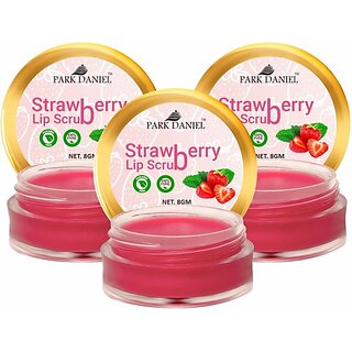                       PARK DANIEL Premium Strawberry Lip Scrub for dark lips to lighten for Men & Women - Enriched with Cane Sugar Powder, Tocopherol (Vitamin E), Cocoa Butter, Shea Butter Combo pack of 3 Jars of 08 gms(24 Gms) Strawberry (Pack of: 3, 24 g)                                              