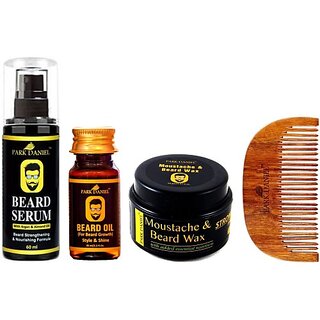                       PARK DANIEL Combo Pack of Beard Growth Serum 60ml, Beard Oil 35ml ,Moustache & Beard Wax 50gm & Handcrafted Wooden Beard Comb (4 Items in the set)                                              