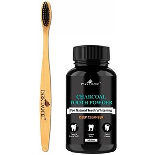                       PARK DANIEL Natural Bamboo Wooden ECO Friendly Charcoal Toothbrush with Soft Medium Bristles(01 Pc.) & Activated Charcoal Tooth Powder 50gms (2 Items in the set)                                              