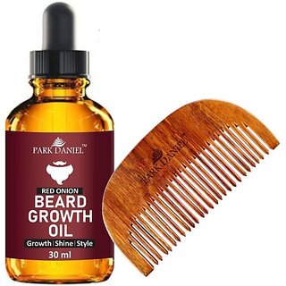                       PARK DANIEL Combo Pack of Red Onion Beard Growth Oil 30ml & Handcrafted Wooden Beard Comb (2 Items in the set)                                              