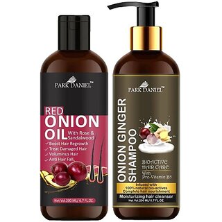 PARK DANIEL Pure and Natural Red Onion Oil & Onion Ginger Shampoo Combo Pack Of 2 bottle of 200 ml(400 ml) (2 Items in the set) PARK DANIEL Pure and Natural Red Onion Oil & Onion Ginger Shampoo Combo Pack Of 2 bottle of 200 ml(400 ml) (2 Items in the set)