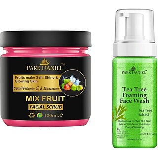                       PARK DANIEL Mix Fruit Scrub & Tea Tree Face Wash For Blackheads Removal Combo Pack of 2 (250 ML) (2 Items in the set)                                              