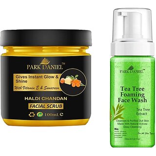 PARK DANIEL Haldi Chandan Scrub & Tea Tree Face Wash For Blackheads Removal Combo Pack of 2 (250 ML) (2 Items in the set) PARK DANIEL Haldi Chandan Scrub & Tea Tree Face Wash For Blackheads Removal Combo Pack of 2 (250 ML) (2 Items in the set)