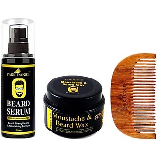                       PARK DANIEL Combo Pack of Beard Growth Serum 60ml,Moustache & Beard Wax 50gm & Handcrafted Wooden Beard Comb (3 Items in the set)                                              