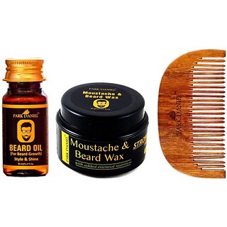                       PARK DANIEL Combo Pack of Beard Oil 35ml, Moustache & Beard Wax 50gm & Handcrafted Wooden Beard Comb ( 1 Pc.) (3 Items in the set)                                              