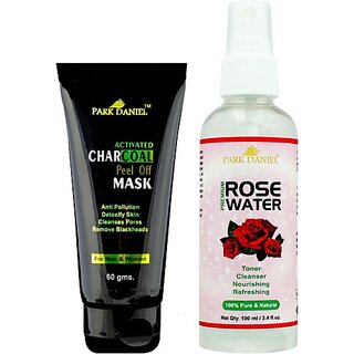                       PARK DANIEL Activated Charcoal peel off Mask and Rose Water Combo of Tube and bottle(160 ml) (2 Items in the set)                                              