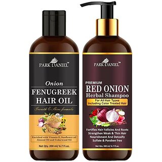                       PARK DANIEL Pure and Natural Onion Fenugreek Oil & Red Onion Shampoo Combo Pack Of 2 bottle of 200 ml(400 ml) (2 Items in the set)                                              