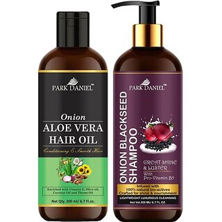                       PARK DANIEL Pure and Natural Aloe Vera Oil & Onion Blackseed Shampoo Combo Pack Of 2 bottle of 200 ml(400 ml) (2 Items in the set)                                              