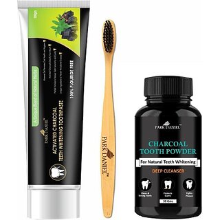                       PARK DANIEL Natural Bamboo Wooden ECO Friendly Charcoal Toothbrush with Soft Medium Bristles(01 Pc.) &Activated Charcoal Teeth Whitening Toothpaste (100gm) & Activated Charcoal Tooth Powder 50gms (3 Items in the set)                                              