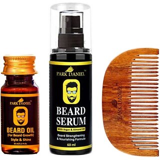                       PARK DANIEL Combo Pack of Beard Oil 35ml , Beard Growth Serum 60ml & Handcrafted Wooden Beard Comb ( 1 Pc.) (3 Items in the set)                                              