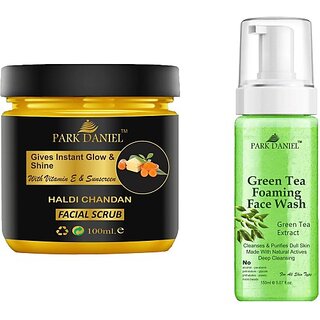                       PARK DANIEL Haldi Chandan Scrub & Green Tea Face Wash For Blackheads Removal Combo Pack of 2 (250 ML) (2 Items in the set)                                              