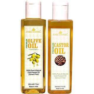                       PARK DANIEL Extra Light Olive Oil and Cold pressed Castor oil-100 % Pure and Natural Combo of 2 bottles of 200 ml(400 ml) Hair Oil (400 ml)                                              