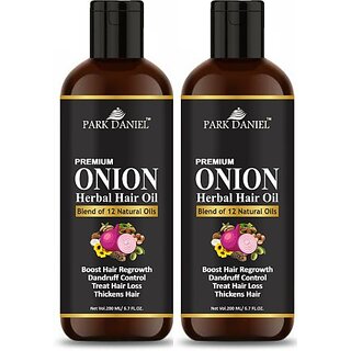 PARK DANIEL Premium Onion Herbal Hair oil Blend of Natural Oils for Increase hair growth, dandruff control & to stop hair fall combo pack of 2 bottles of 200 ml(400 ml) Hair Oil (400 ml) PARK DANIEL Premium Onion Herbal Hair oil Blend of Natural Oils for Increase hair growth, dandruff control & to stop hair fall combo pack of 2 bottles of 200 ml(400 ml) Hair Oil (400 ml)
