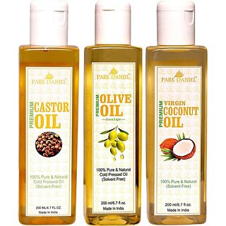                       PARK DANIEL Cold Pressed Castor oil, Extra light Olive oil and Virgin Coconut oil Combo pack of 3 bottle of 200 ml(600 ml) Hair Oil (600 ml)                                              