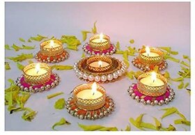 Thriftkart Multicolour Floor Brass Tea Light Holder For Festival Party Diwali Home Decoration (Pack of 7) Candle (Multicolor, Pack of 1)
