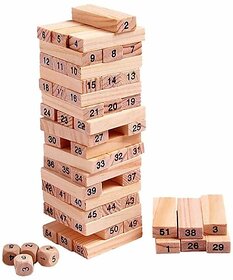 Thriftkart Wooden Blocks 54 Pcs Challenging Wooden Tumbling Tower with 4 Dices, Challenging Maths Game for Adults and Kids (Brown)