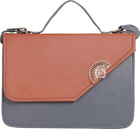 Women Grey And Tan Regular Use PU Sling Bag With Adjustable Strap