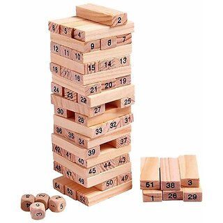                      Thriftkart Wooden Blocks 54 Pcs Challenging Wooden Tumbling Tower with 4 Dices, Challenging Maths Game for Adults and Kids (Brown)                                              
