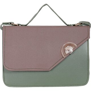                       Women Green And Dark Brown Regular Use PU Sling Bag With Adjustable Strap                                              
