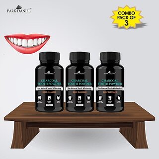                       PARK DANIEL Coconut Shell Charcoal Teeth Whitening Powder -Naturally Whiten Teeth, Removes Stains & Removes Bad Breath(ENAMEL Safe & Suitable for Sensitive teeth) Combo pack of 3 Bottles of 50 gms(150 gms) (150, Pack of 3)                                              