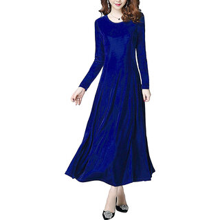                       Vivient Women Blue Plain Round Neck Long Dress                                              