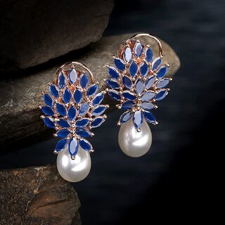                       Premium Quality Sapphire Blue AAA Stones Pearl Leaf Shape Rosegold AD/CZ Earrings Set                                              