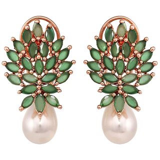                       Premium Quality Emerald Green AAA Stones Pearl Leaf Shape Rosegold AD/CZ Earrings Set                                              