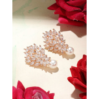                       Premium Quality White AAA Stones Pearl Leaf Shape Rosegold AD/CZ Earrings Set                                              