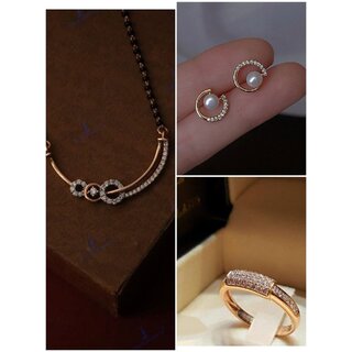                       Rosegold Combo of AD/CZ Mangalsutra AD Pearl Ear Studs and Adjustable AD Finger Ring                                              