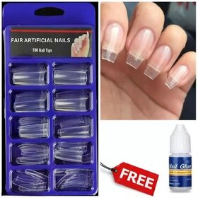 Clear Transparent Artificial Reusable Fake False Nails With Glue -Pack 1 contain 100 pcs