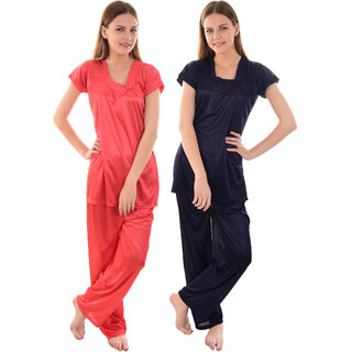                       Women's Combo Night Suit/Top Payjama Set (Pack of 2) (Navy Blue, Coral Pink)                                              