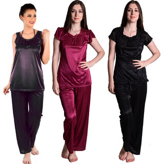                       Women's Nightwear/Nightdress Three Combo's Night Suit/Top Payjama (Wine, Black)                                              