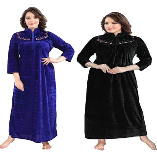                       Women's Combo Velvet Nighty Full Length For Winter Wear Nightdress Long Velvet Nighty (Pack of 2) (Navy Blue, Black)                                              