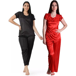                       Women's Combo Satin Night Suit Short Sleeve Nightdress Night Suit/Top  Pyjama (Pack of 2) (Red, Black)                                              