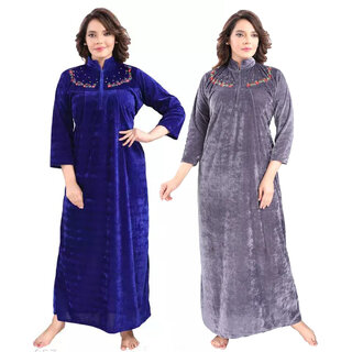                       Women's Wool Velvet Maxi Nighty Combo Pack of 2 (Navy Blue, Grey)                                              