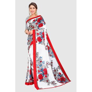                       SVB Sarees White And Red Colour Floral Printed Georgette Saree                                              