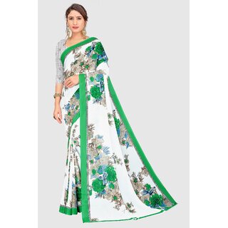                       SVB Sarees White And Green Colour Floral Printed Georgette Saree                                              