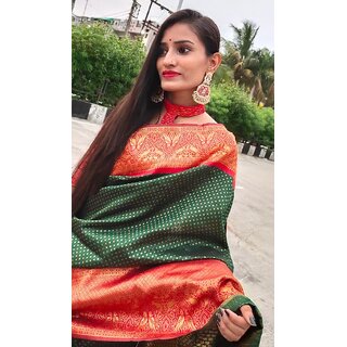                       SVB Saree Dark Green Embellished Silk Saree                                              