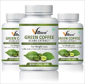 VLTAVA Green Coffee Beans Extract (60 Chlorogenic Acid) Weight Management 500 mg - 60   Veg. Capsules Pack of 3