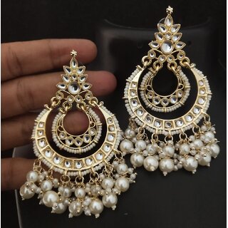                       Charming Jewellery 18K Gold Plated Pachi Kundan Pearl Chandbali Earrings Set                                              