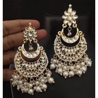                       Charming Jewellery 18K Gold Plated Pachi Kundan Pearl Bandhai Chandbali Earrings Set                                              