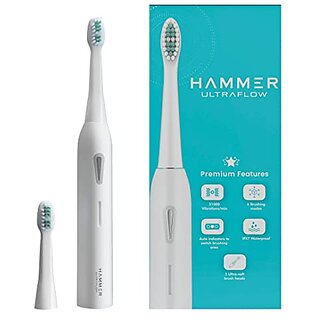 Hammer Ultra Flow Electric Tooth brushand 3Replaceable Brush Heads for Men and Women6Brushing Modes Rechargeable Battery Water proof Super-Soft Bristles Electric Tooth brush (White)