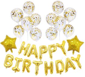 Fancy Creation Happy Birthday Decoration Combo Pack of foil baloon star foil 2pc,10pc golden confetti balloon
