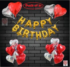 Fancy Creation Happy Birthday Foil balloon and 18pc heart Foil Balloon red and silver