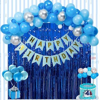                       Happy Birthday Party Decoration Blue, White Combo Pack Of 23 Pcs  Happy Birthday Banner 1Pc  Foil Curtain 2Pc  20 Balloons (Blue, Silver, White  Golden Confetti)                                              