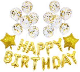 Fancy Creation Happy Birthday Decoration Combo Pack of foil baloon star foil 2pc,10pc golden confetti balloon