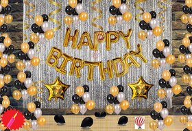 Fancy Creation Happy Birthday Decoration Kit Pack Of 118 Combo Black Golden Silver Items Set