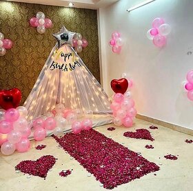Fancy Creation Happy Birthday Decoration Combo Pack Of 1Pc Happy Birthday Banner,2Pc Net Curtain,1Pc Rice Light, 2Pc Heart And 1Pc Heart Foil Balloon And 20 Pc Balloon Pink And White