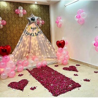                       Fancy Creation Happy Birthday Decoration Combo Pack Of 1Pc Happy Birthday Banner,2Pc Net Curtain,1Pc Rice Light, 2Pc Heart And 1Pc Heart Foil Balloon And 20 Pc Balloon Pink And White                                              